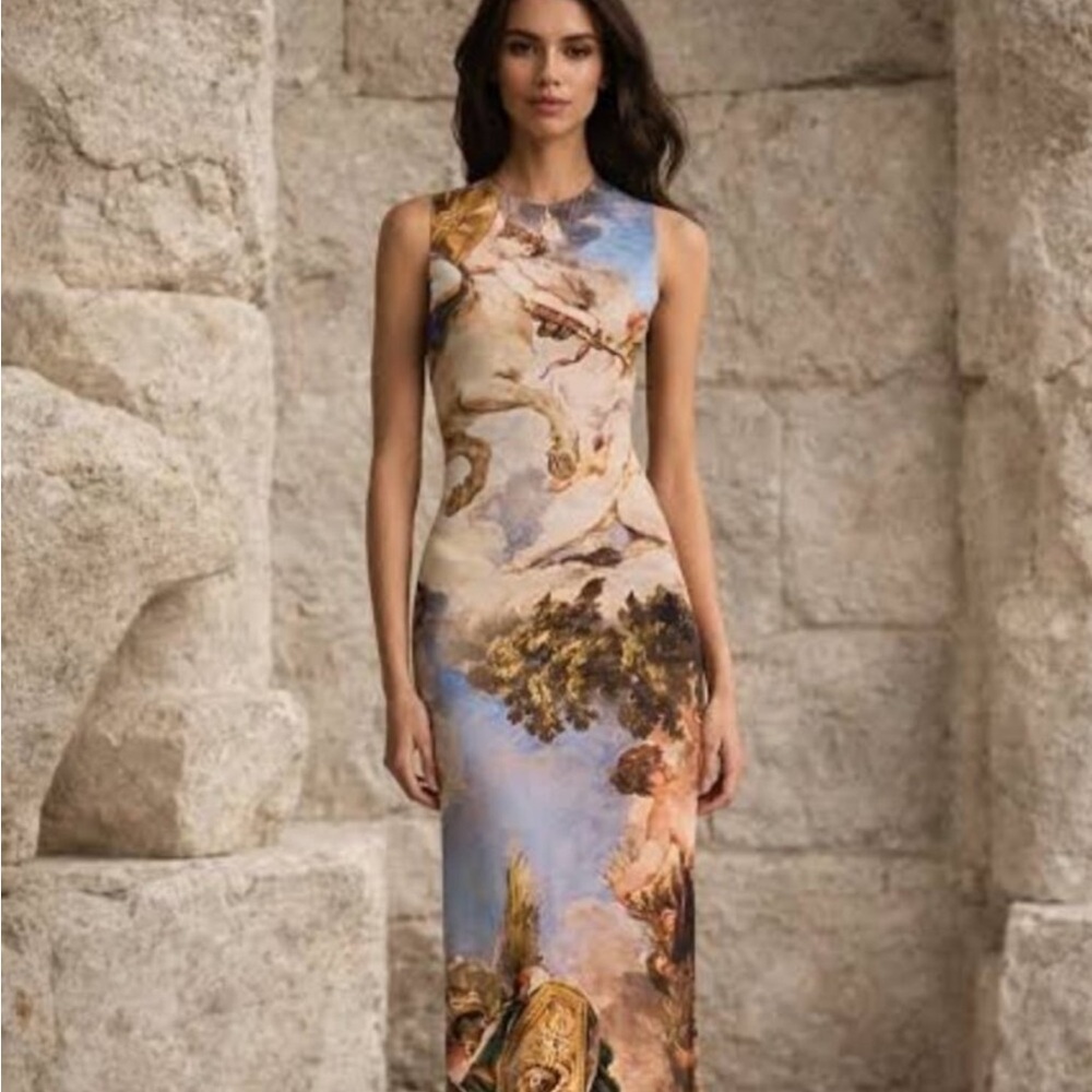 Alice + Olivia Delora Sky Blu Multicolour Renaissance Print Maxi Dress 8 US